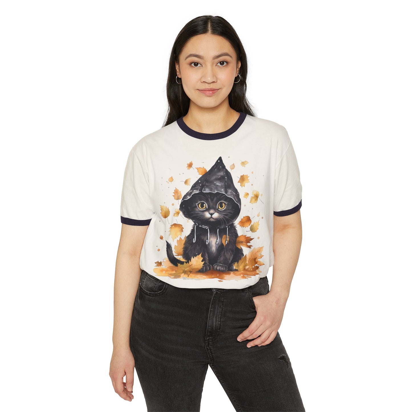 Fall Cat, Fall Cat Tee, Fall Cat Ringer Tee, Autumn Cat Ringer Tee, Autumn Cat Tee, Unisex Cotton Ringer T-Shirt