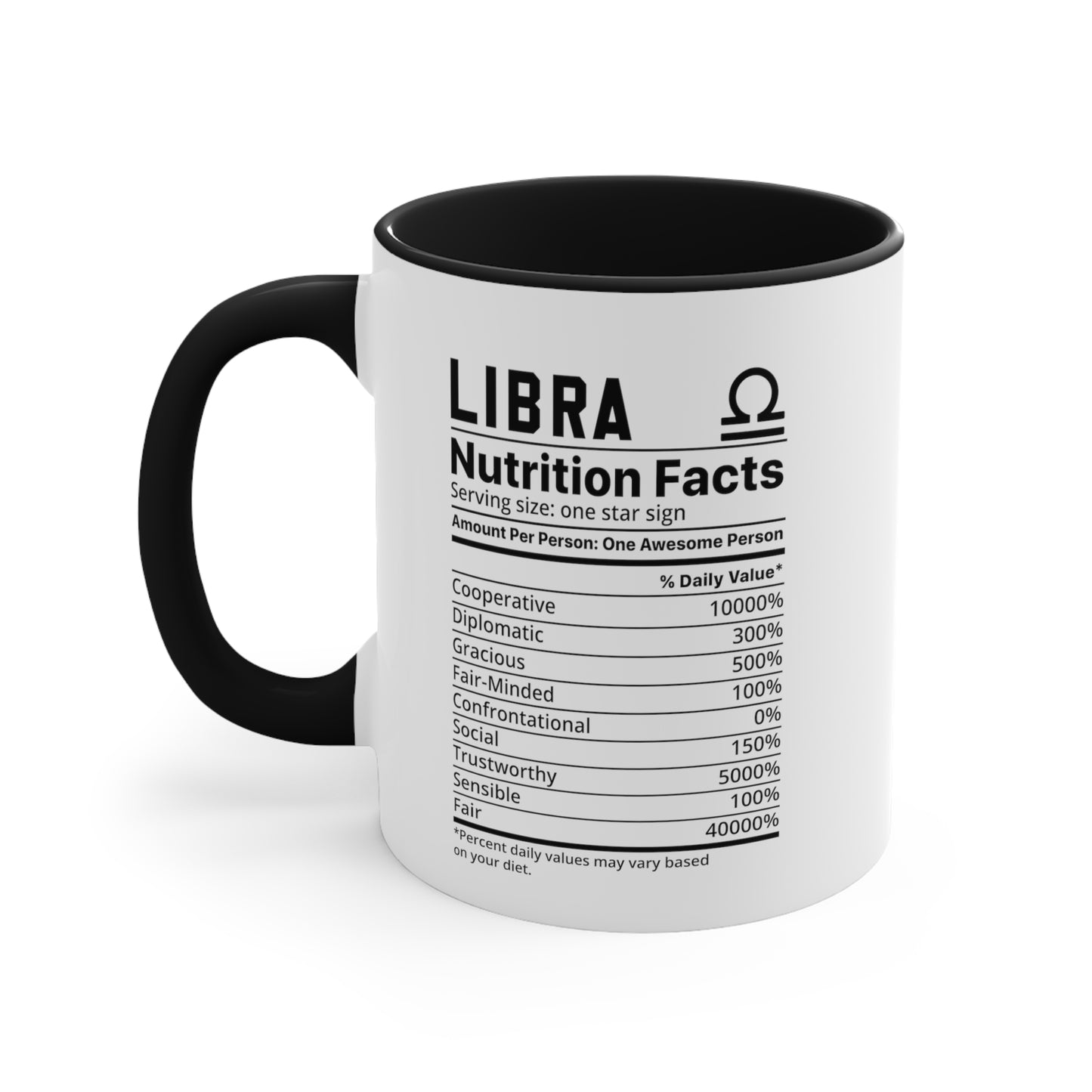 Libra Star Sign Nutrition Facts White Black Accent Ceramic Mugs 11oz, Zodiac, Astrology, Celestial, coffee mug, tea cup, joke, funny, humorous, fun