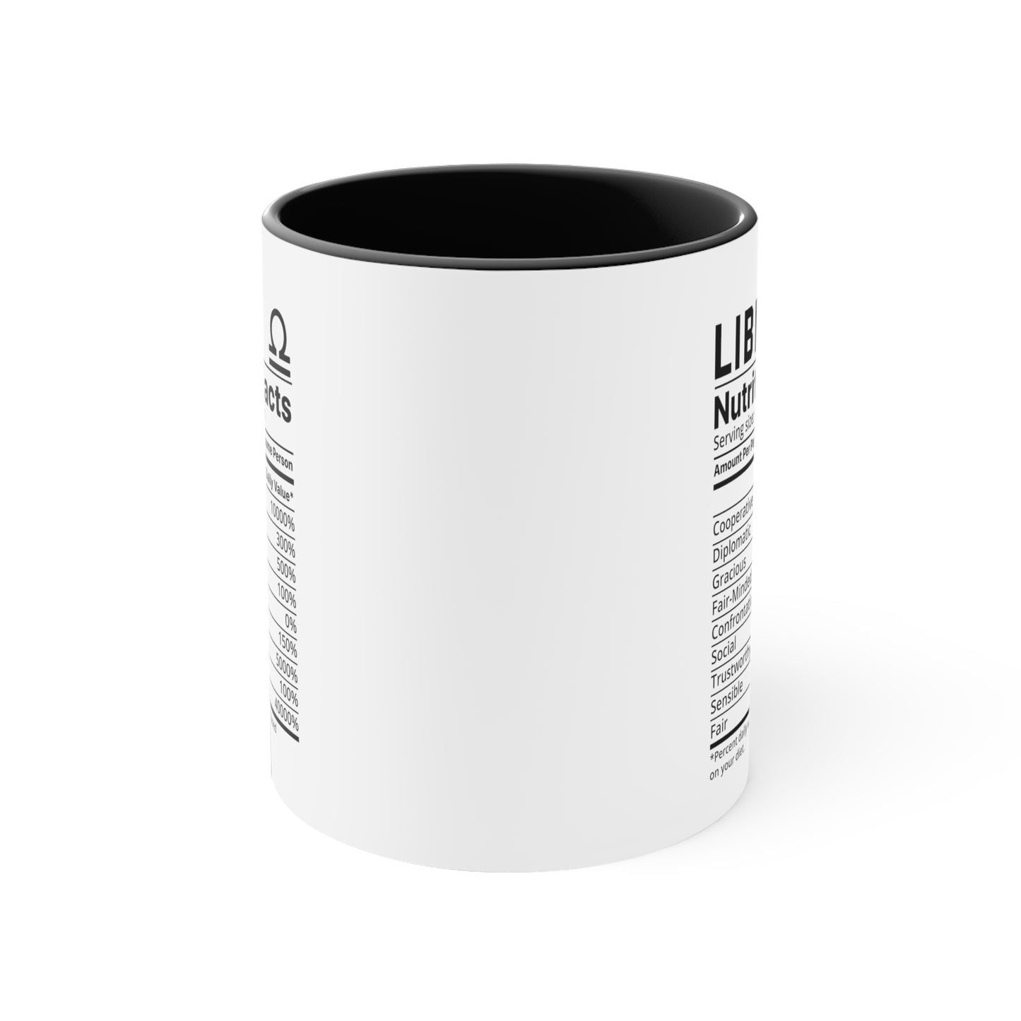 Libra Star Sign Nutrition Facts White Black Accent Ceramic Mugs 11oz, Zodiac, Astrology, Celestial, coffee mug, tea cup, joke, funny, humorous, fun