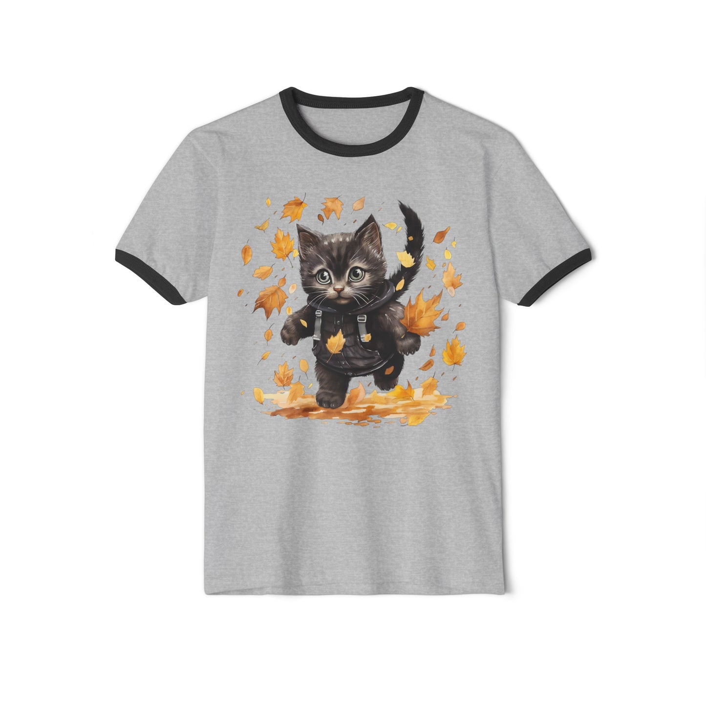 Fall Cat, Fall Cat Tee, Fall Cat Ringer Tee, Autumn Cat Ringer Tee, Unisex Cotton Ringer T-Shirt