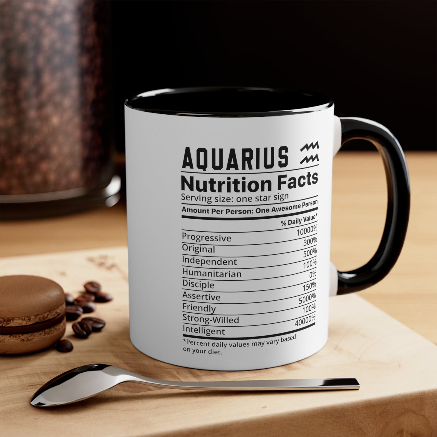 Aquarius Star Sign Nutrition Facts White Black Accent Ceramic Mugs 11oz, Zodiac, Astrology, Celestial, coffee mug, tea cup, joke, funny, humorous, fun