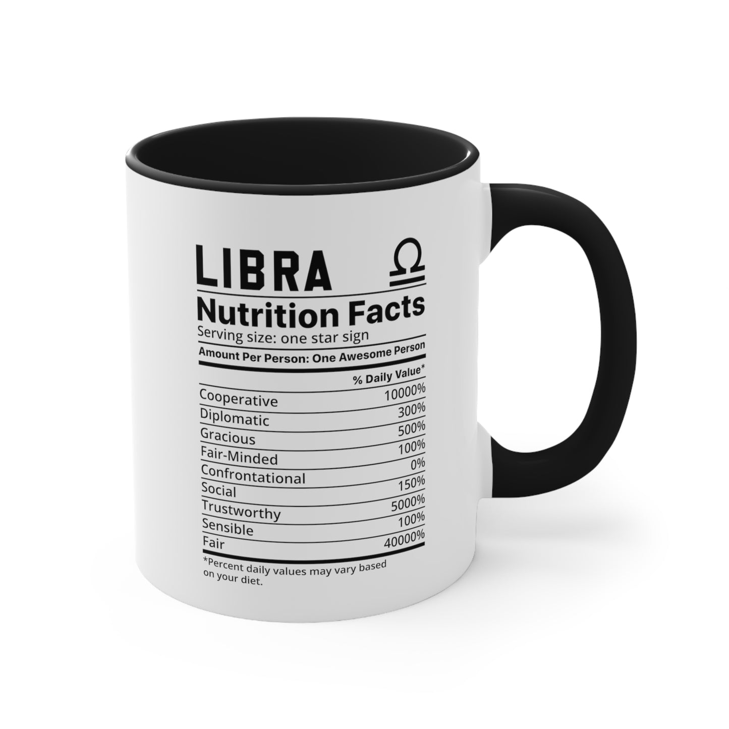 Libra Star Sign Nutrition Facts White Black Accent Ceramic Mugs 11oz, Zodiac, Astrology, Celestial, coffee mug, tea cup, joke, funny, humorous, fun