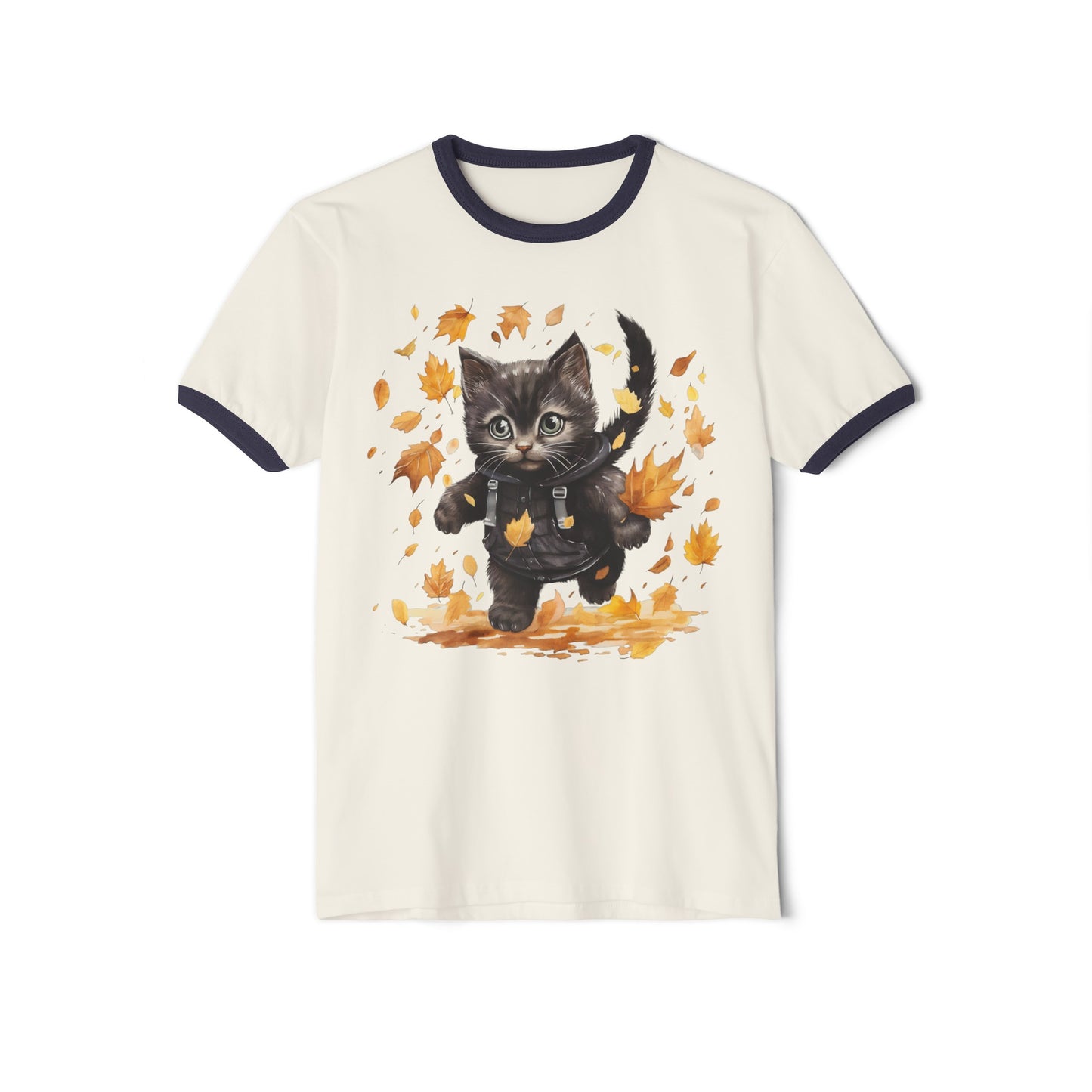 Fall Cat, Fall Cat Tee, Fall Cat Ringer Tee, Autumn Cat Ringer Tee, Unisex Cotton Ringer T-Shirt