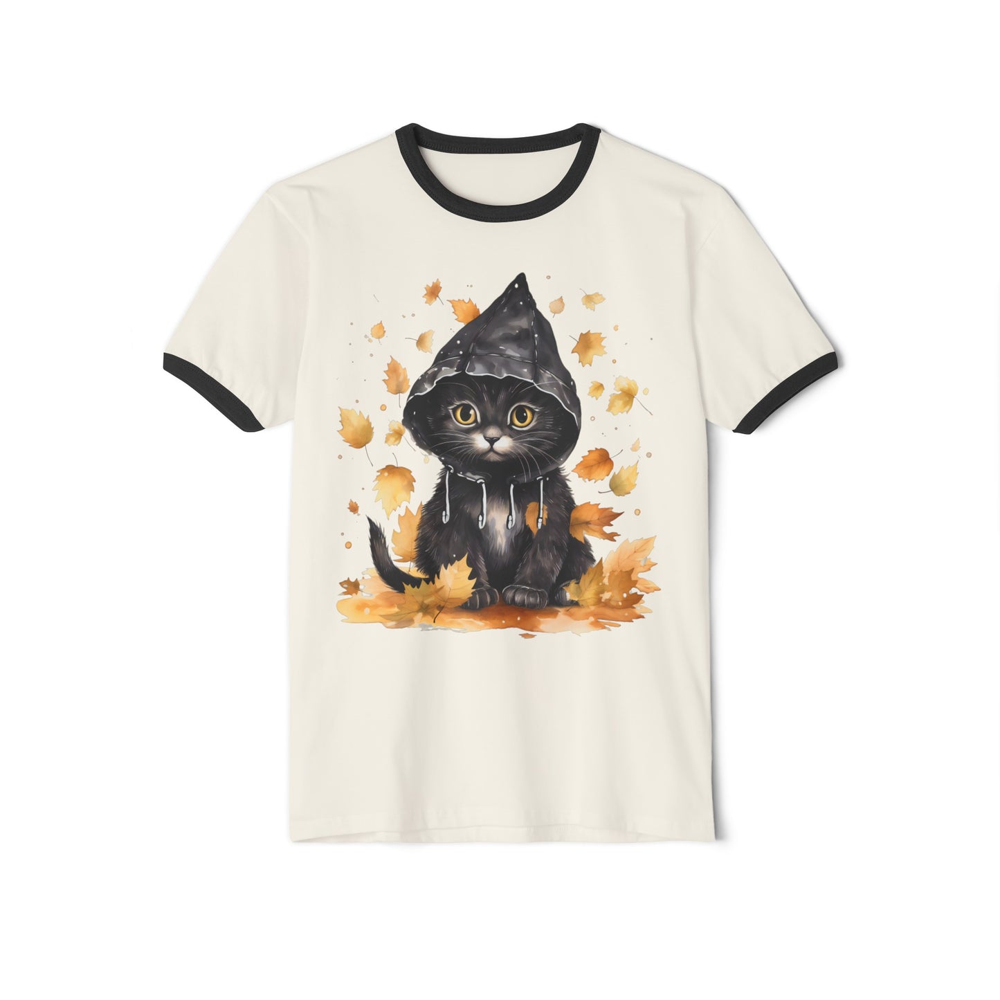 Fall Cat, Fall Cat Tee, Fall Cat Ringer Tee, Autumn Cat Ringer Tee, Autumn Cat Tee, Unisex Cotton Ringer T-Shirt