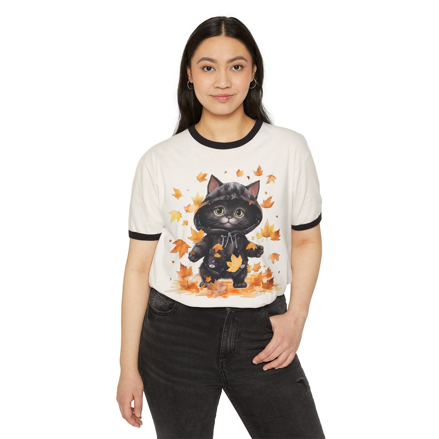 Fall Cat Tee, Fall Cat Ringer Tee, Autumn Cat Tee, Autumn Cat Ringer Tee, Unisex Cotton Ringer T-Shirt