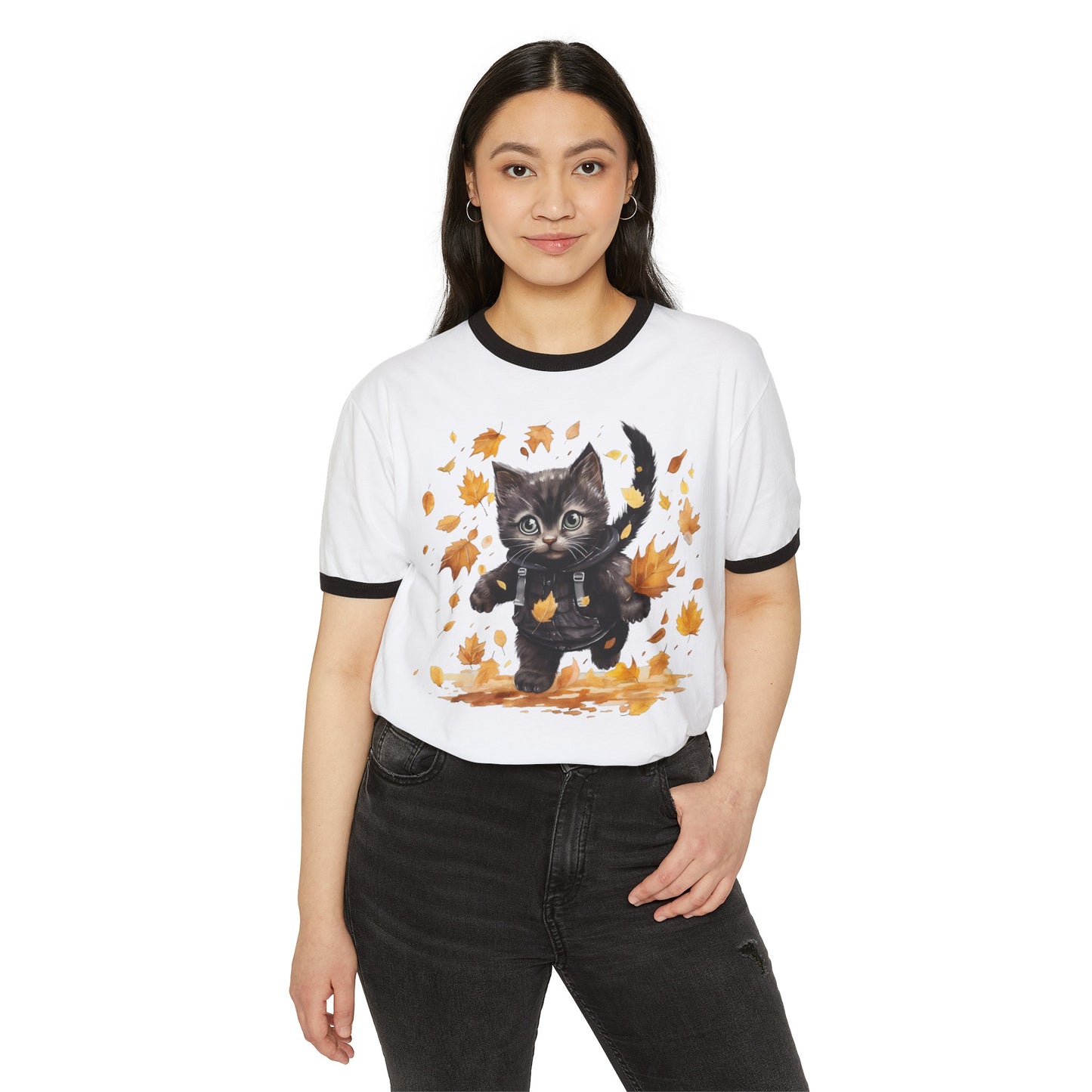 Fall Cat, Fall Cat Tee, Fall Cat Ringer Tee, Autumn Cat Ringer Tee, Unisex Cotton Ringer T-Shirt