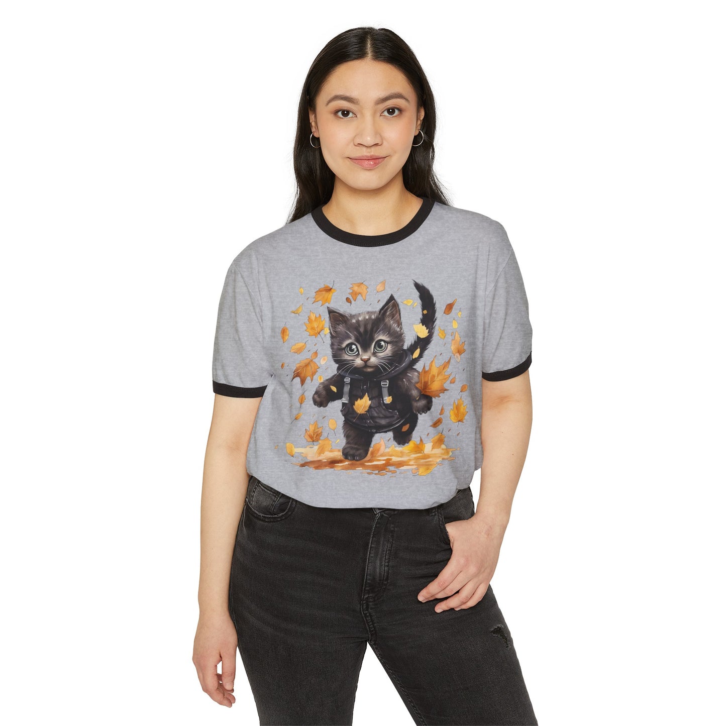 Fall Cat, Fall Cat Tee, Fall Cat Ringer Tee, Autumn Cat Ringer Tee, Unisex Cotton Ringer T-Shirt