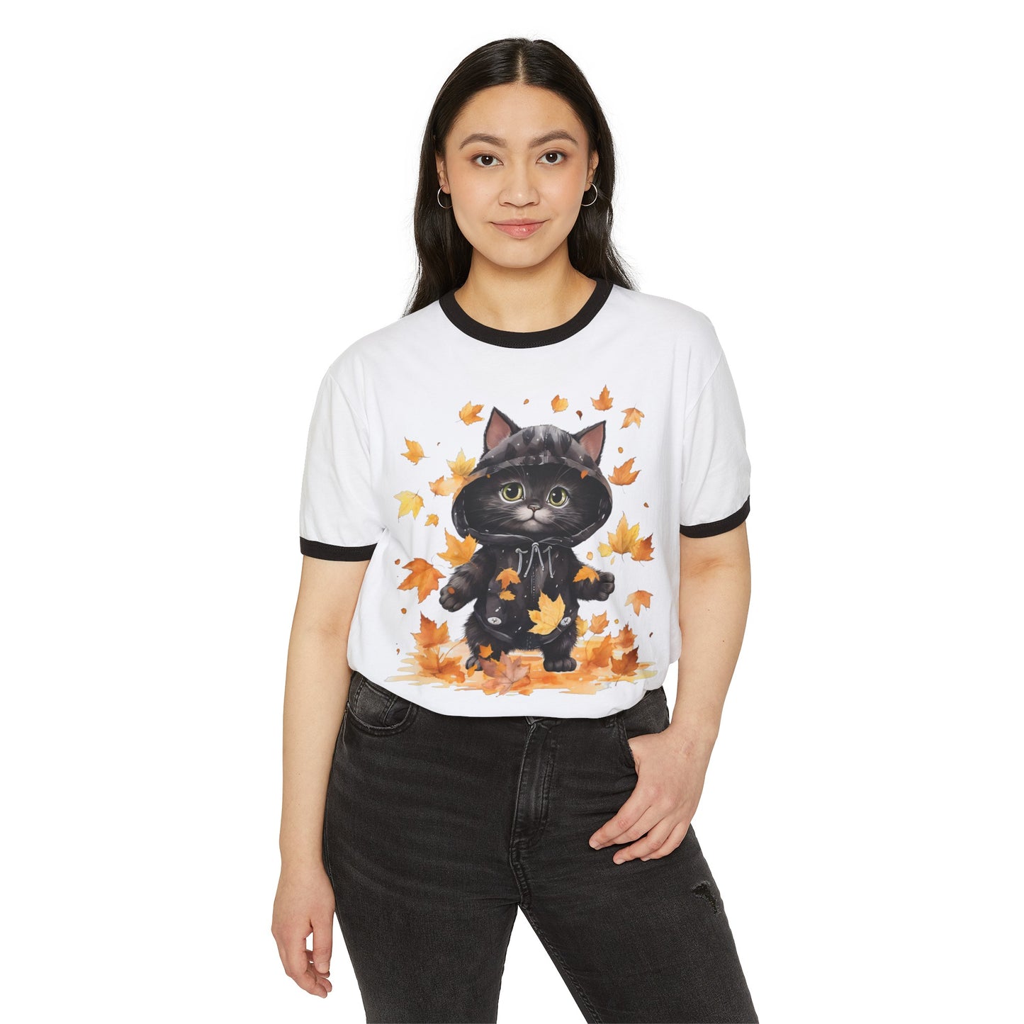 Fall Cat Tee, Fall Cat Ringer Tee, Autumn Cat Tee, Autumn Cat Ringer Tee, Unisex Cotton Ringer T-Shirt