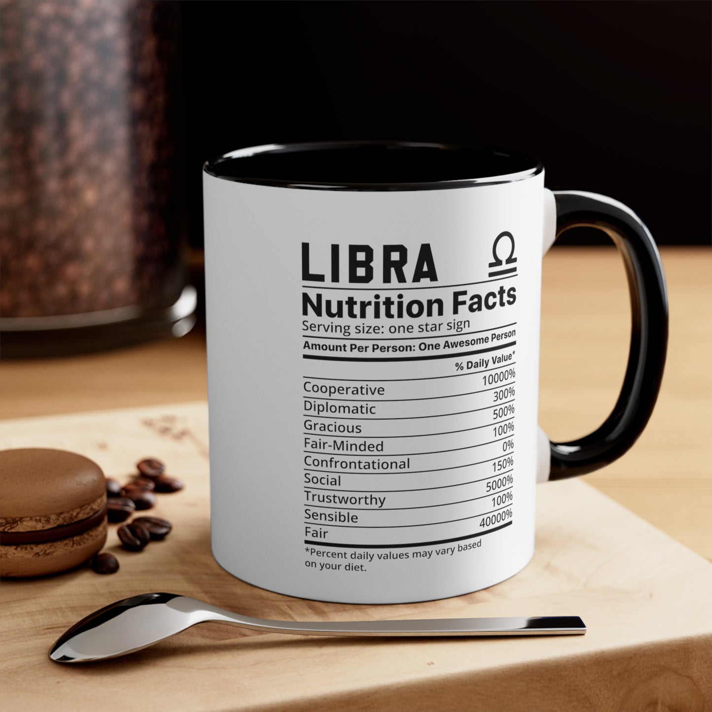 Libra Star Sign Nutrition Facts White Black Accent Ceramic Mugs 11oz, Zodiac, Astrology, Celestial, coffee mug, tea cup, joke, funny, humorous, fun