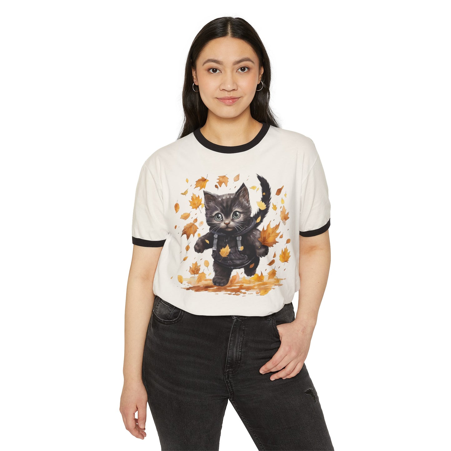 Fall Cat, Fall Cat Tee, Fall Cat Ringer Tee, Autumn Cat Ringer Tee, Unisex Cotton Ringer T-Shirt