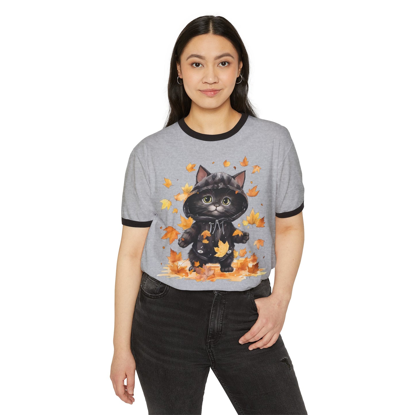 Fall Cat Tee, Fall Cat Ringer Tee, Autumn Cat Tee, Autumn Cat Ringer Tee, Unisex Cotton Ringer T-Shirt