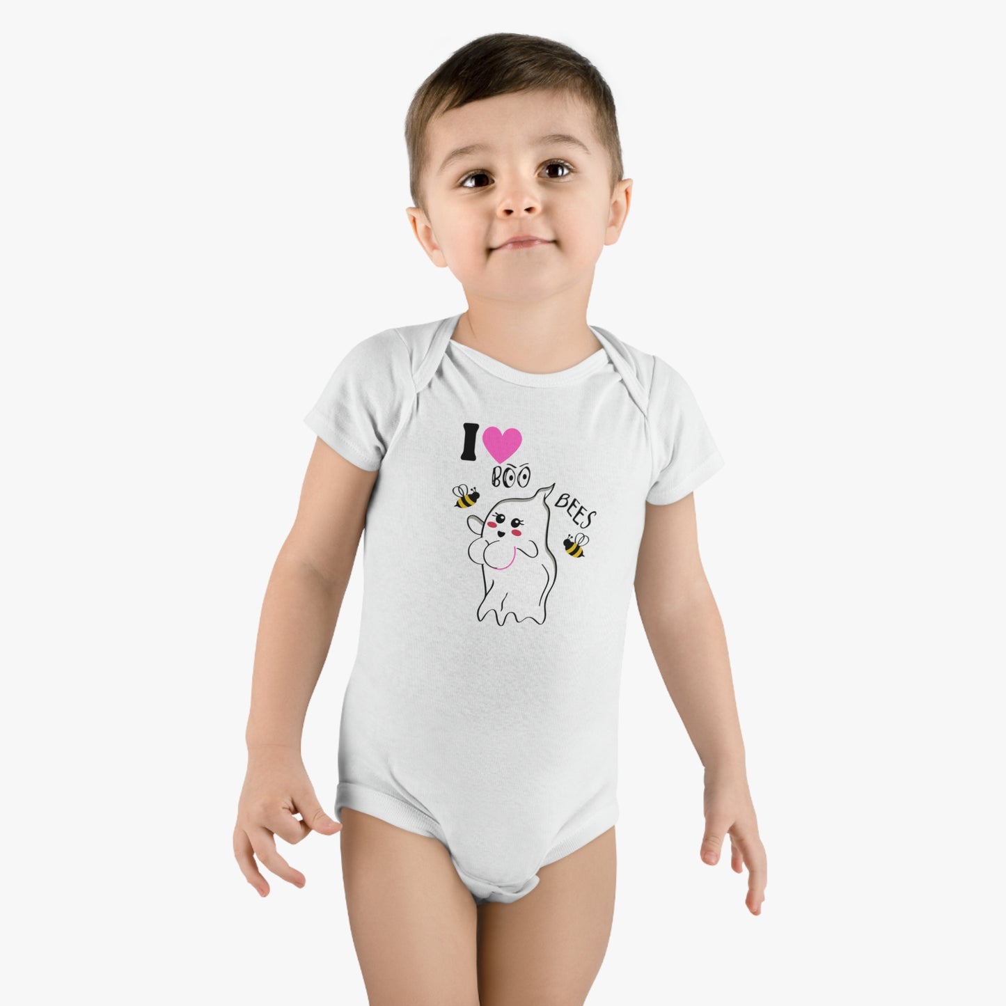 I Love Boo Bees Breast Cancer Awareness Halloween, Jumpsuit, Baby Short Sleeve Onesie®