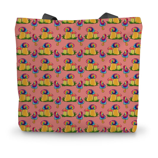 Retro Mushroom Pattern - Pink Canvas Tote Bag