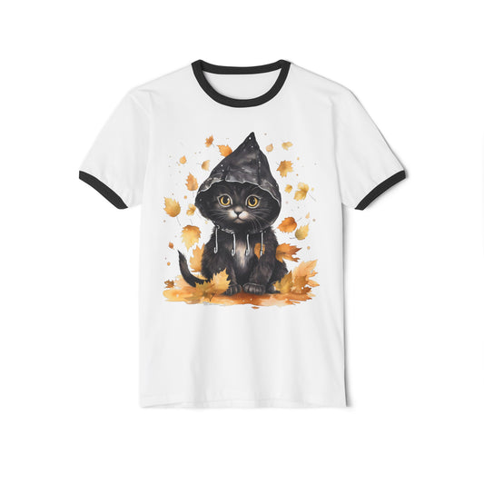 Fall Cat, Fall Cat Tee, Fall Cat Ringer Tee, Autumn Cat Ringer Tee, Autumn Cat Tee, Unisex Cotton Ringer T-Shirt