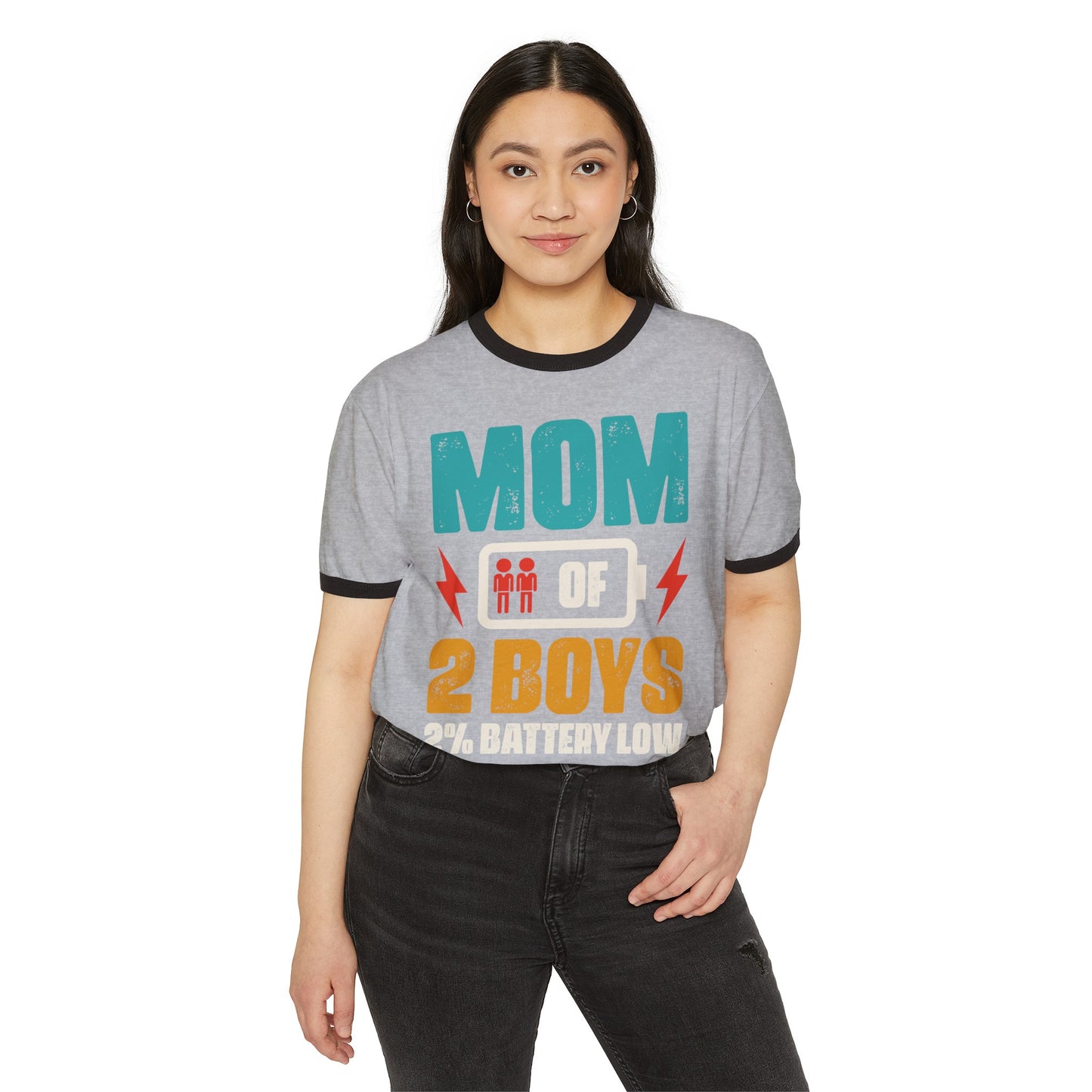 Mom of 2 Boys 2% Battery Low Shirt, Funny Mothers Day Tee, Gift for Mommy, Mothers Day Tee, Mother of 2 Boys Tee, Unisex Cotton Ringer T-Shirt