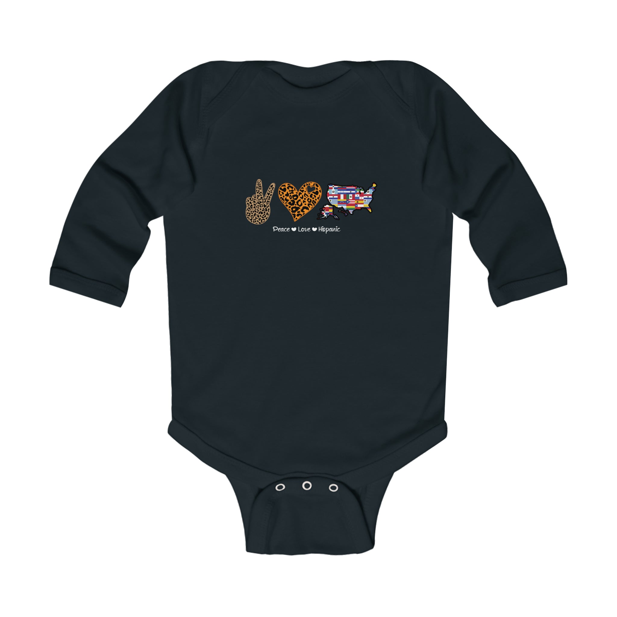 Leopard Peace, Love, Hispanic - Hispanic Heritage Month Infant Long Sleeve Bodysuit
