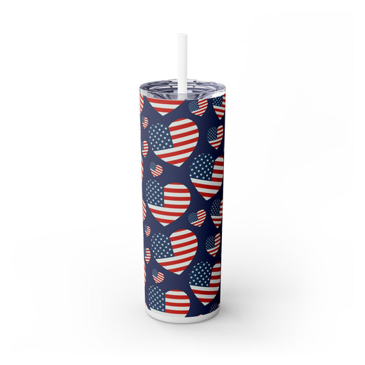 American Flag Hearts Skinny Tumbler with Straw, 20oz