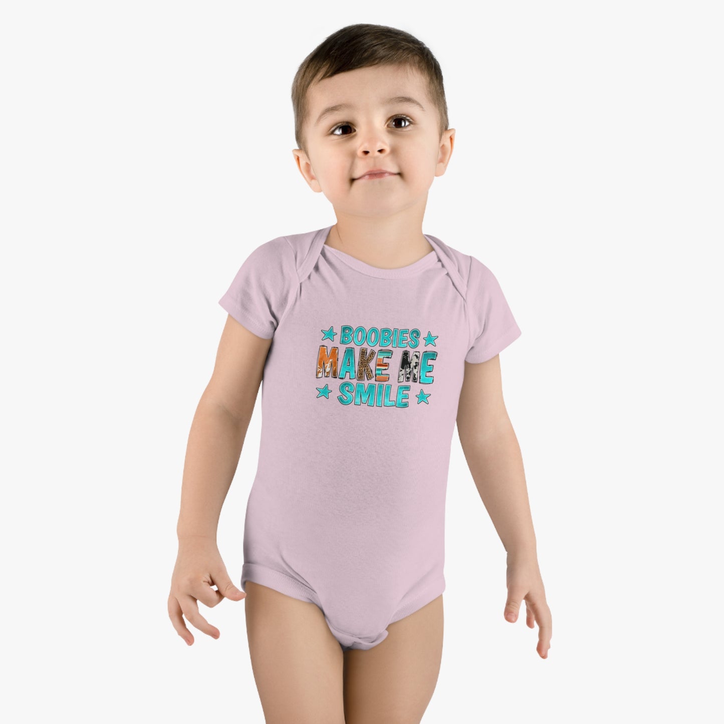 Boobies Make Me Smile Onesie, Baby Short Sleeve Jumpsuit