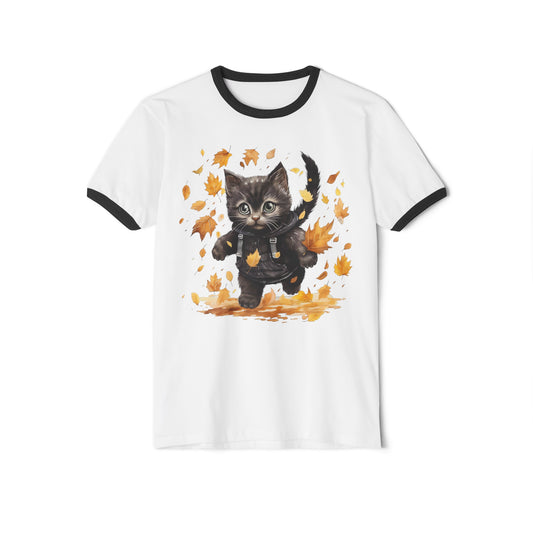 Fall Cat, Fall Cat Tee, Fall Cat Ringer Tee, Autumn Cat Ringer Tee, Unisex Cotton Ringer T-Shirt