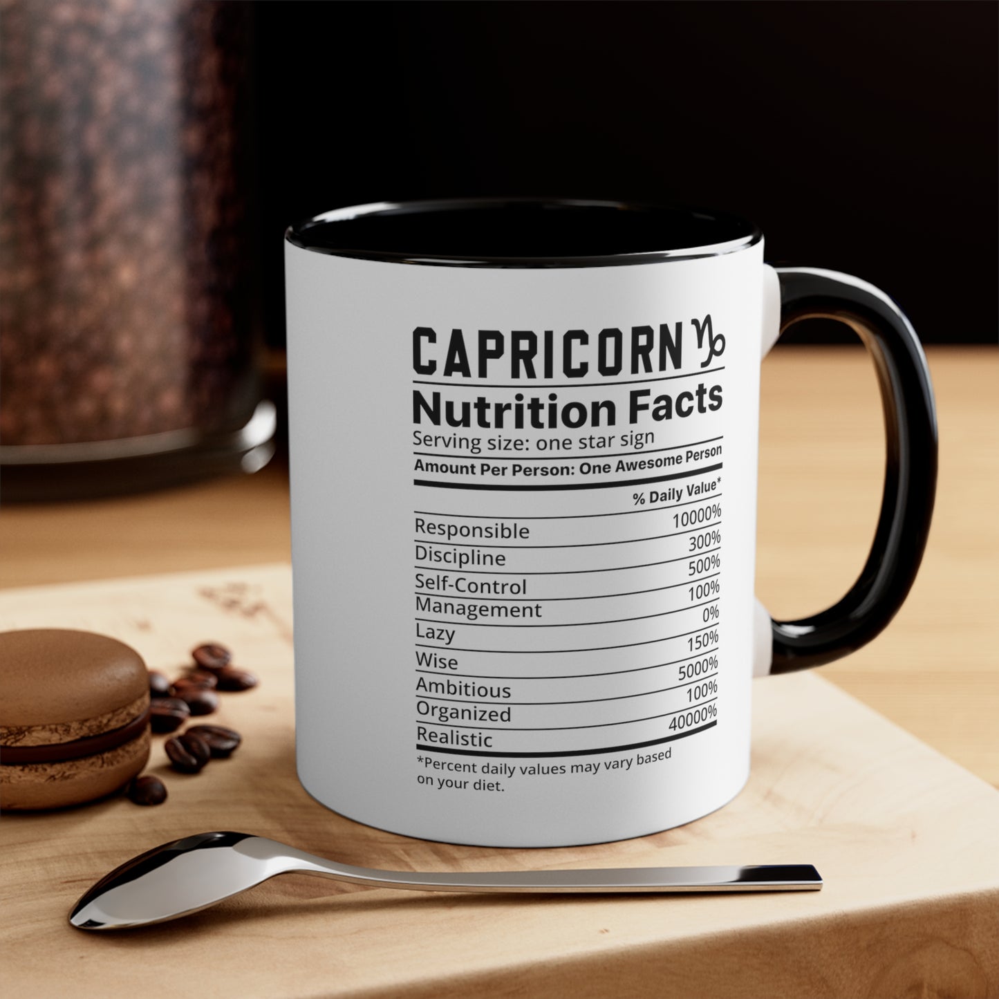 Capricorn Star Sign Nutrition Facts White Black Accent Ceramic Mugs 11oz,  Zodiac, Astrology, Celestial, coffee mug, tea cup, joke, funny, humorous, fun