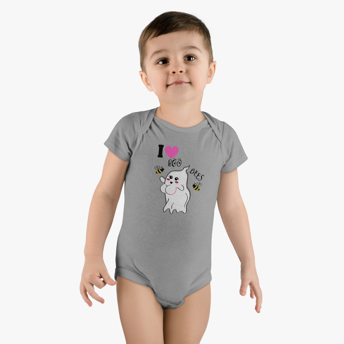 I Love Boo Bees Breast Cancer Awareness Halloween, Jumpsuit, Baby Short Sleeve Onesie®