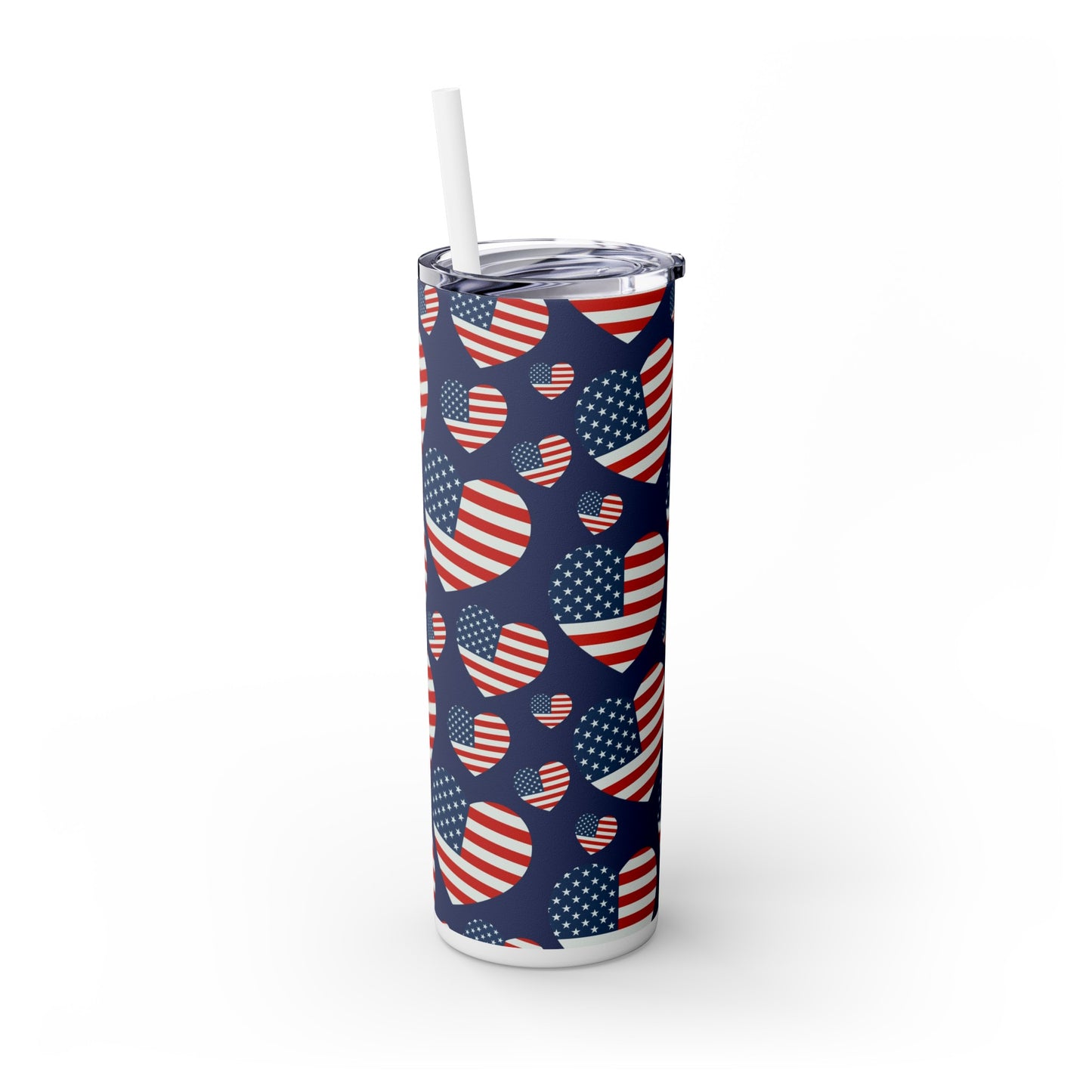 American Flag Hearts Skinny Tumbler with Straw, 20oz