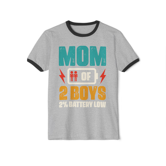 Mom of 2 Boys 2% Battery Low Shirt, Funny Mothers Day Tee, Gift for Mommy, Mothers Day Tee, Mother of 2 Boys Tee, Unisex Cotton Ringer T-Shirt