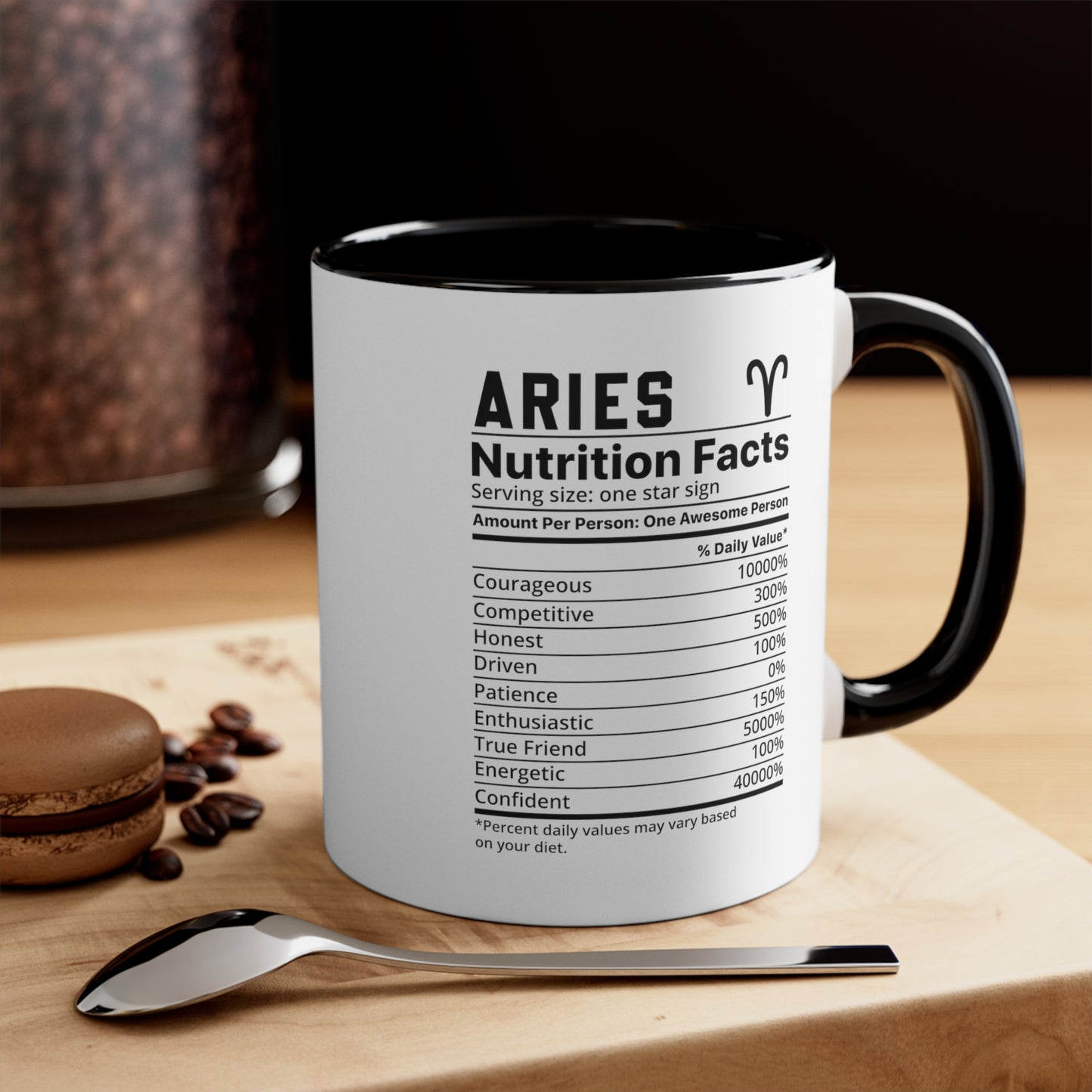 Aries Star Sign Nutrition Facts White Black Accent Ceramic Mugs 11oz,  Zodiac, Astrology, Celestial, coffee mug, tea cup, joke, funny, humorous, fun