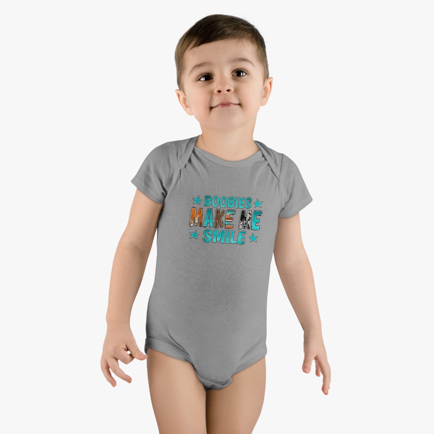 Boobies Make Me Smile Onesie, Baby Short Sleeve Jumpsuit