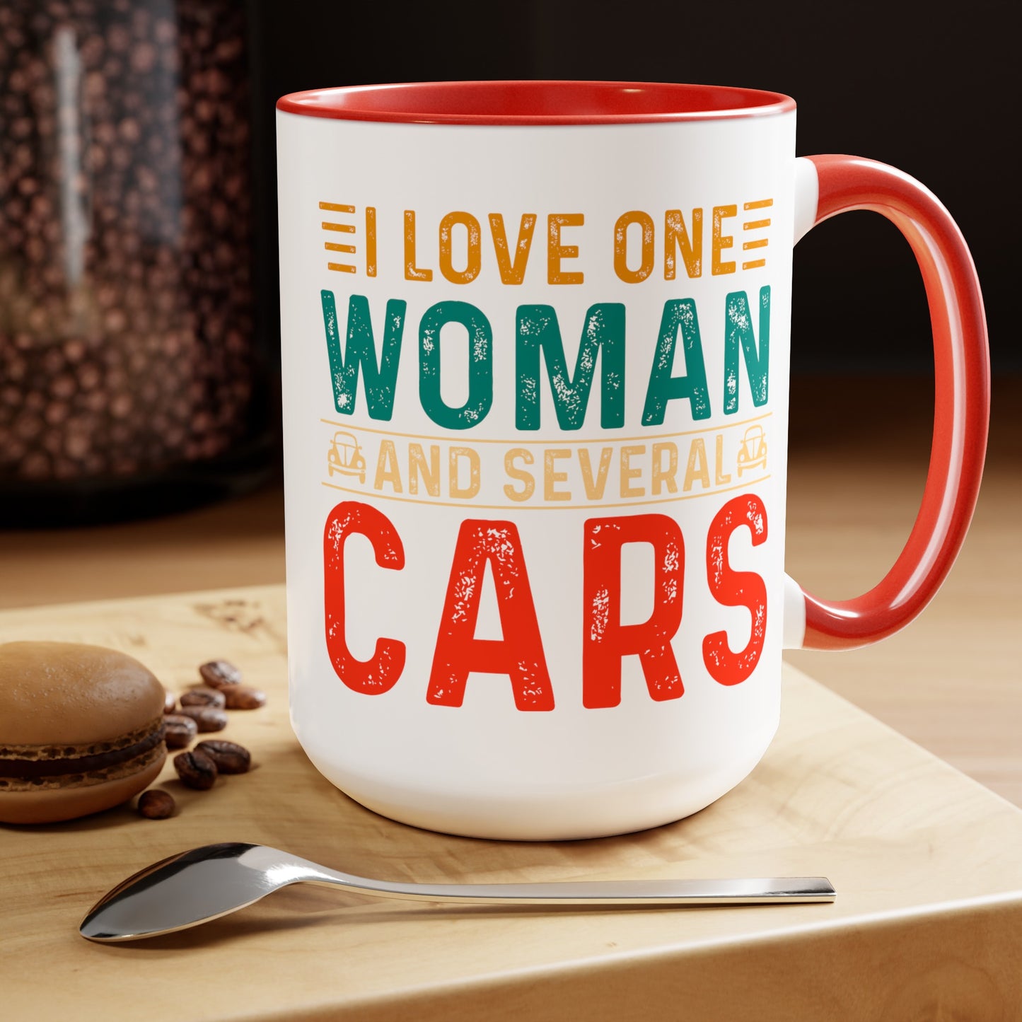 I Love One Woman and Several Cars Two-Tone Coffee Mugs, 15oz