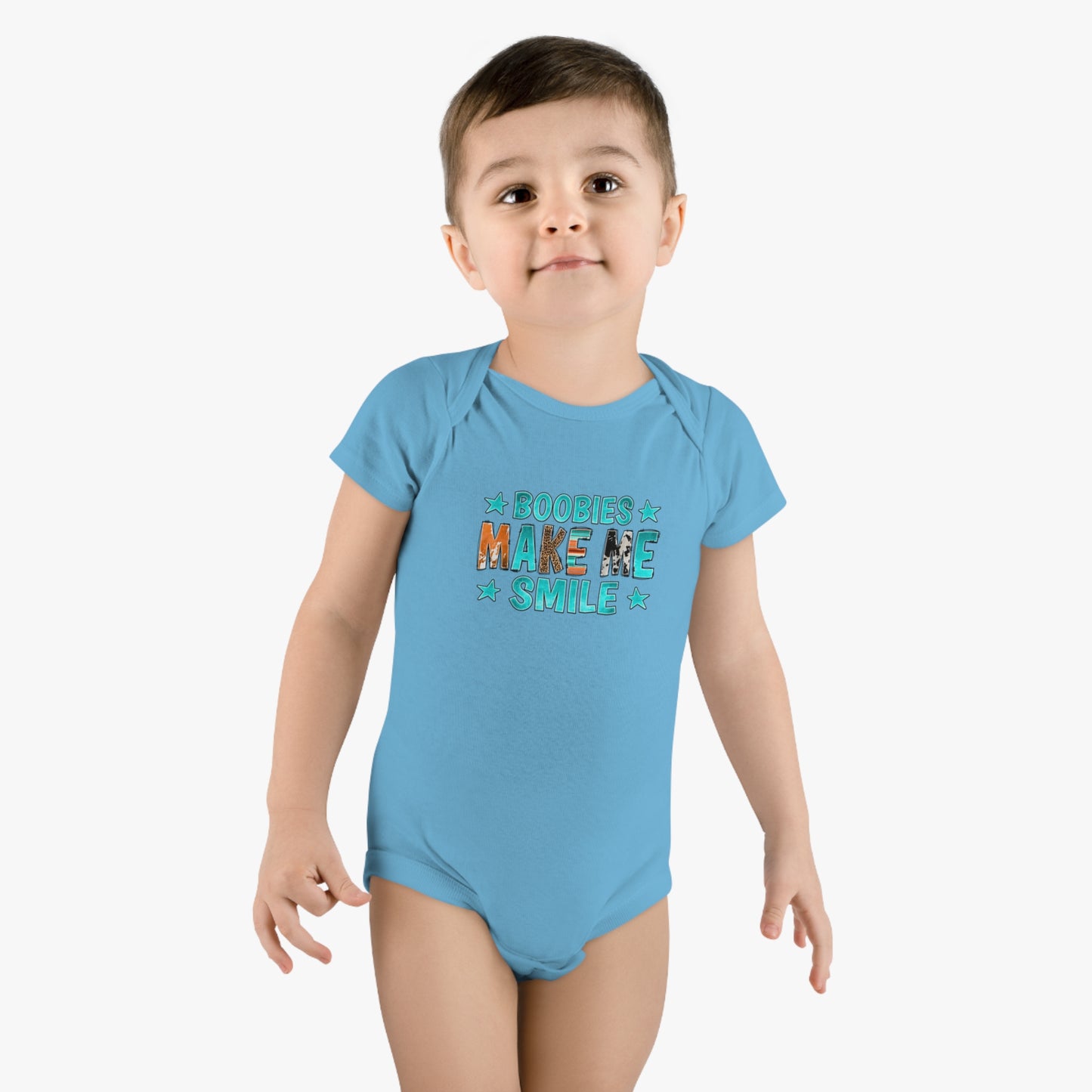 Boobies Make Me Smile Onesie, Baby Short Sleeve Jumpsuit