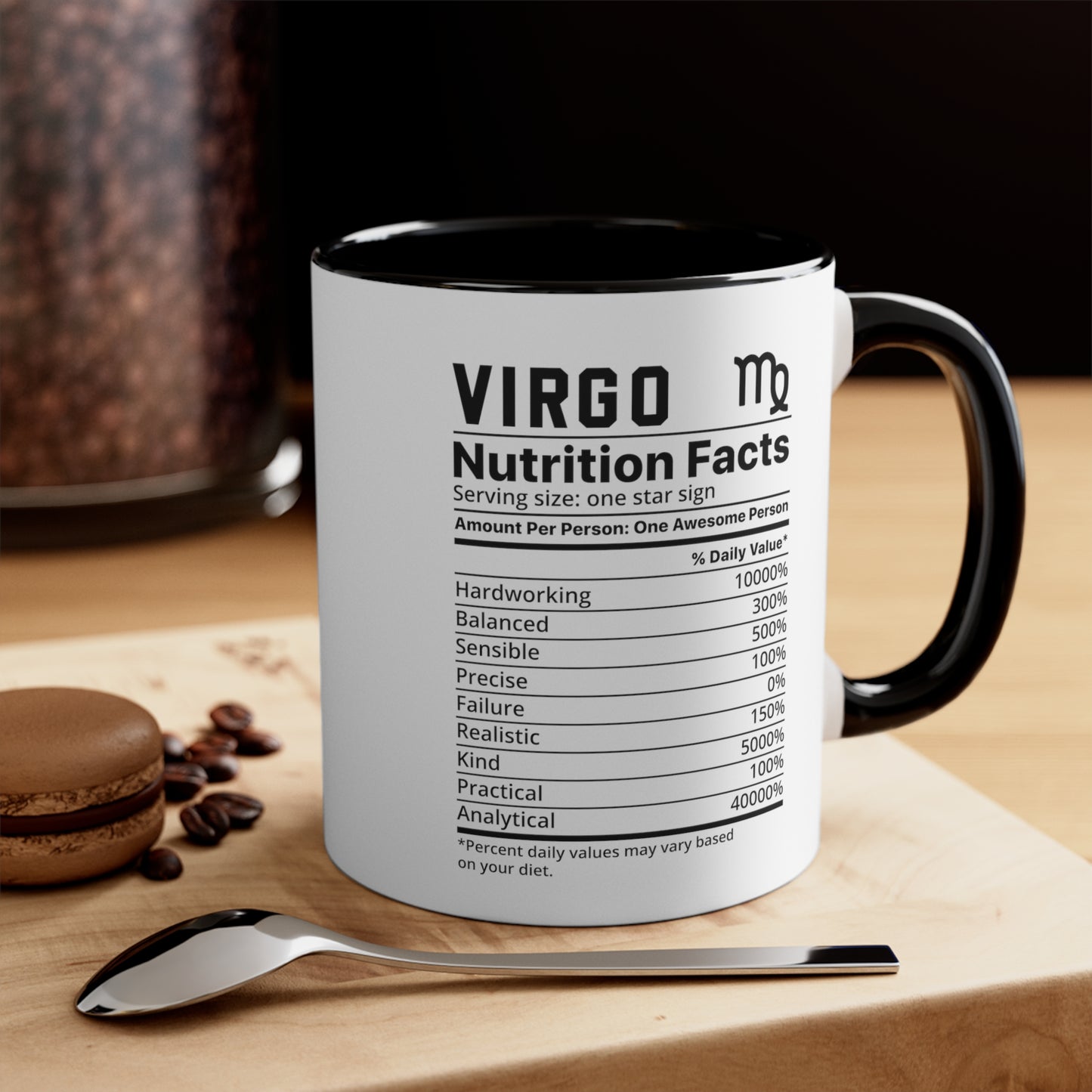 Virgo Star Sign Nutrition Facts White Black Accent Ceramic Mugs 11oz,  Zodiac, Astrology, Celestial, coffee mug, tea cup, joke, funny, humorous, fun