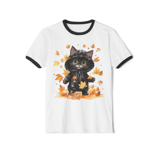 Fall Cat Tee, Fall Cat Ringer Tee, Autumn Cat Tee, Autumn Cat Ringer Tee, Unisex Cotton Ringer T-Shirt