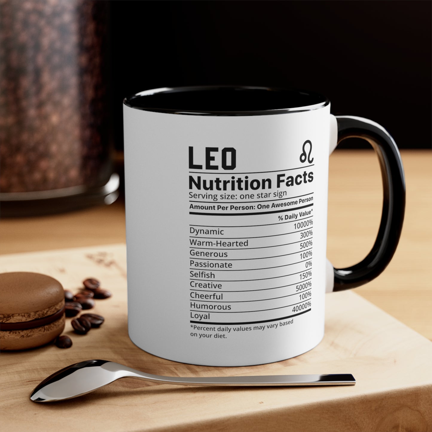 Leo Star Sign Nutrition Facts White Black Accent Ceramic Mugs 11oz,  Zodiac, Astrology, Celestial, coffee mug, tea cup, joke, funny, humorous, fun