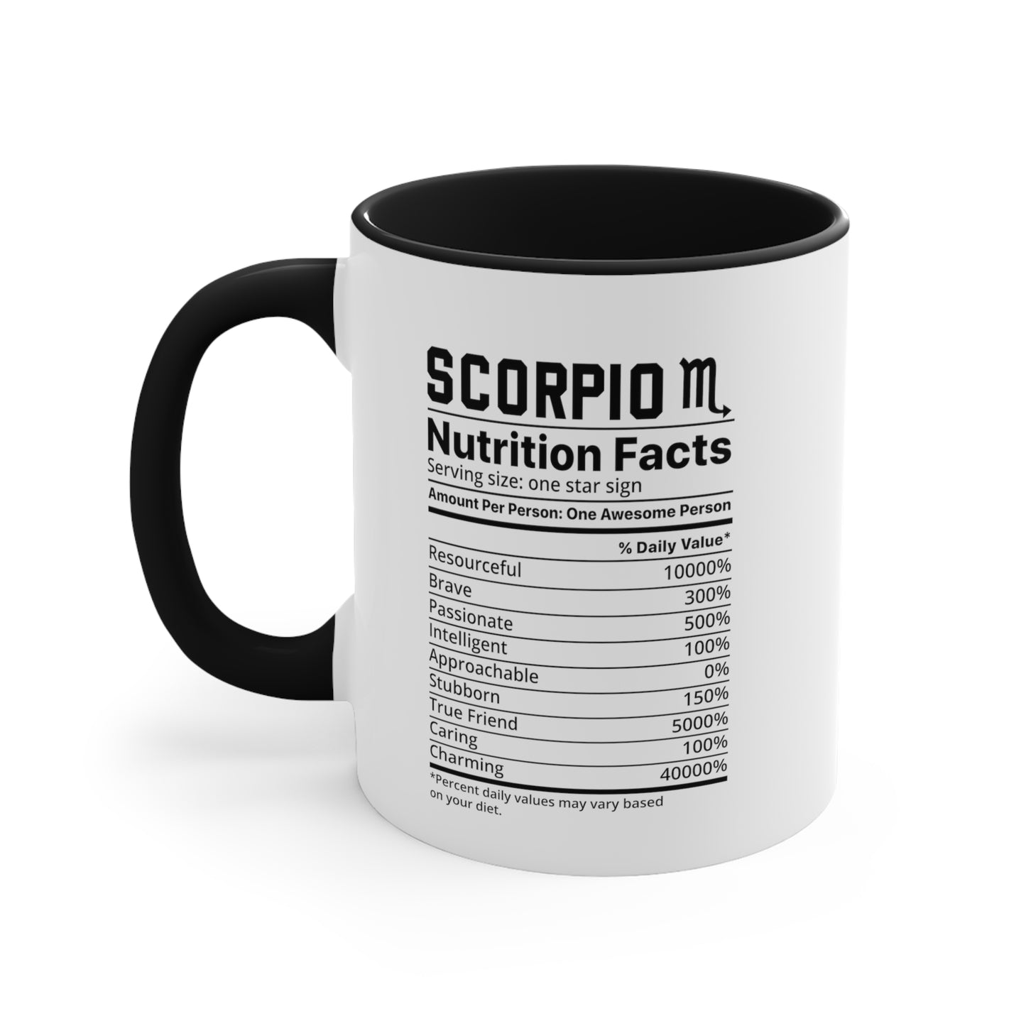 Scorpio Star Sign Nutrition Facts White Black Accent Ceramic Mugs 11oz,  Zodiac, Astrology, Celestial, coffee mug, tea cup, joke, funny, humorous, fun