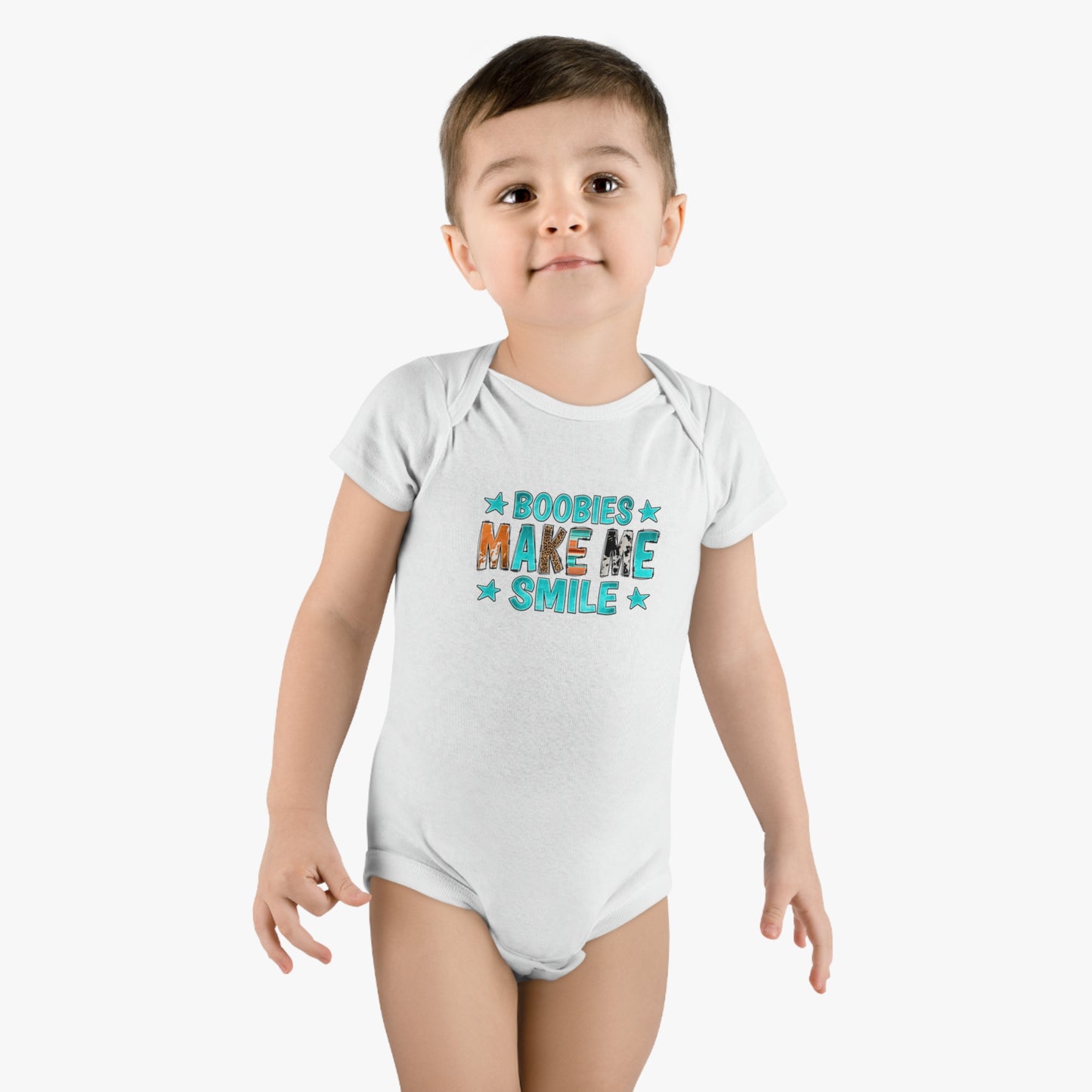 Boobies Make Me Smile Onesie, Baby Short Sleeve Jumpsuit