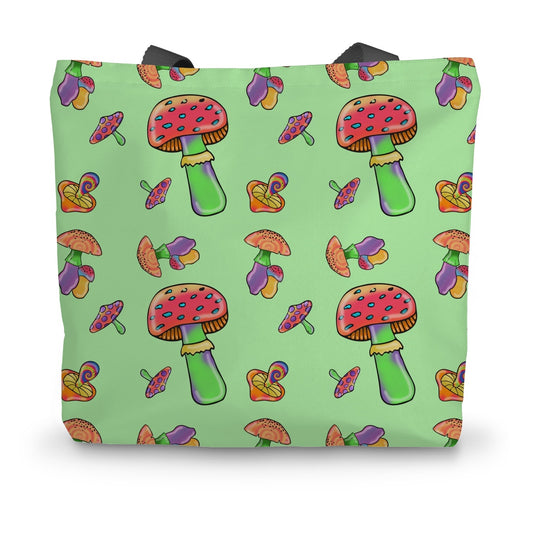 Retro Mushroom Pattern - Green Canvas Tote Bag