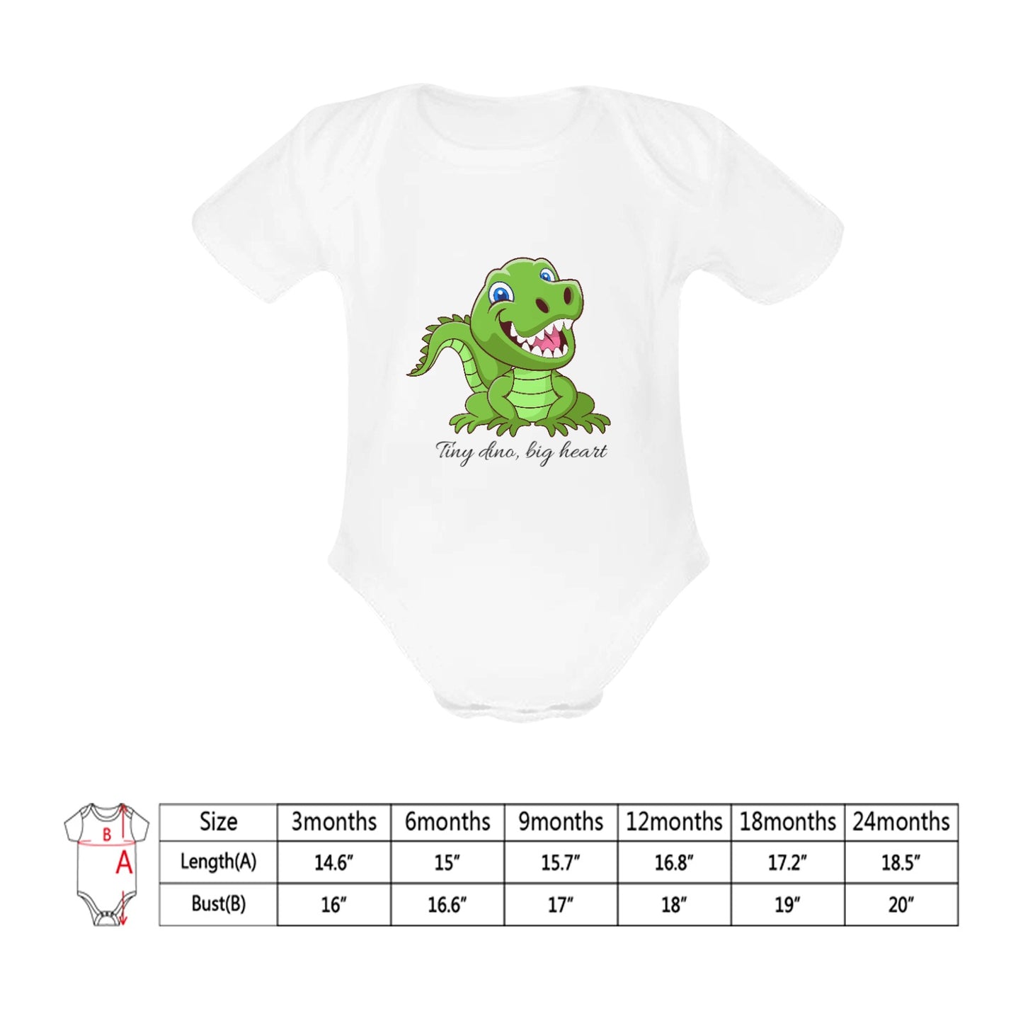 Onesie Baby 3-24 month Organic  Baby Short Sleeve One Piece Jumpsuit Onesie Tiny Dino Big heart